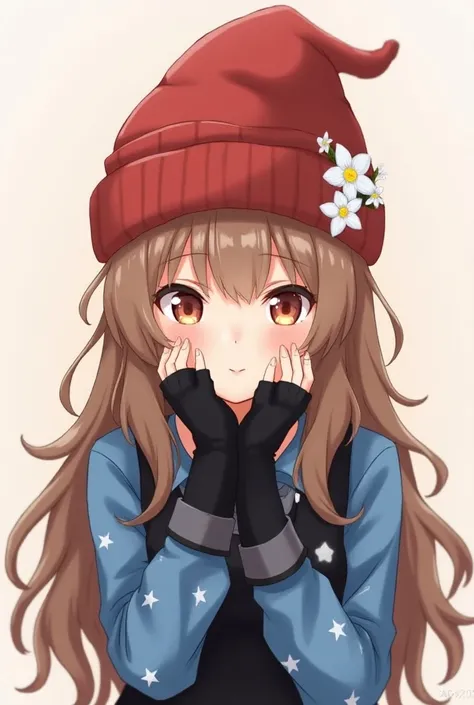      Female anime style character " long brown hair "  bangs on the face  "red beanie hat " Tender would be  "  blue shirt with white stars  "  black vest"  hand warmers color black  " Face Asia Down " lenses over the hat  " white flowers in Sima de la Cab...