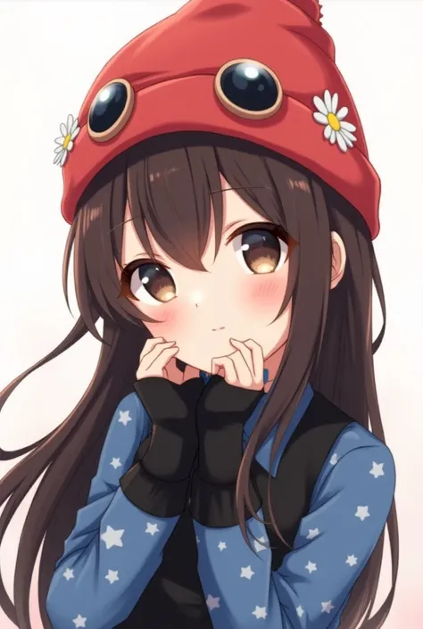      Female anime style character "long dark brown hair"  bangs on the face  "red beanie hat " Cute would be  "  blue shirt with white stars  "  black vest"  hand warmers color black  " Face Asia Down " lenses over the hat  "  white flowers at the top of t...