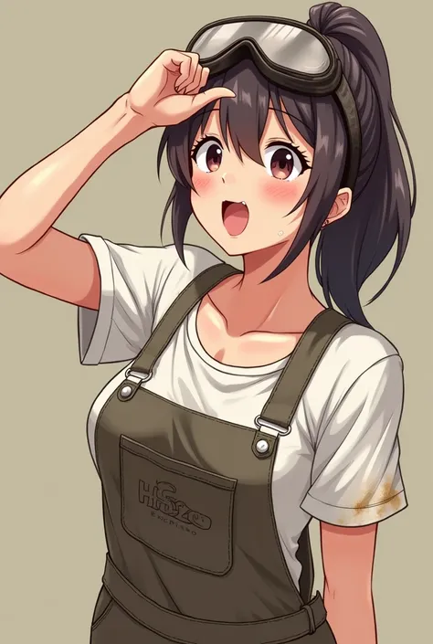 (nsfw) (hentai) (cartoon style) (Coco fazendo sexo) Coco, female, masterpiece, beautiful, white shirt, overalls, goggles on head, dirty, dirty skin, dirty clothes, wiping the forehead,  ponytail , open mouth,  tongue out , together,  looking up, sex with p...