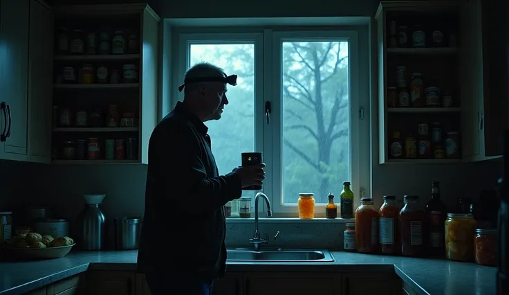 A man stands in the dark kitchen of his house using a headlamp, looking at his cupboards with food, preserves and various canned goods, holding a can in his hand. Through the kitchen window, a scene of chaos and storm can be seen.