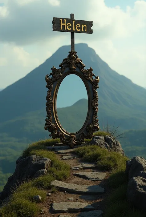 A realistic image of Mount Roraima with a sign above that says Helen and in the middle of the mountain a large antique mirror