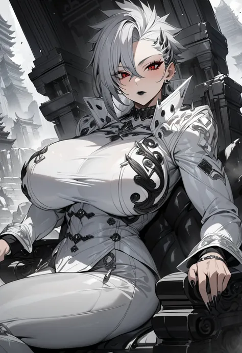 Adult female,  short grey hair, Spiked Hair, red eyes, Black Eye Shadow , Black lipstick, White aristocratic jacket, Black tight pants,  big breasts at the temple, muscle, nail, rock, sitting on chair, masterpiece,  high quality, 4K,  Hi-Res,  Details