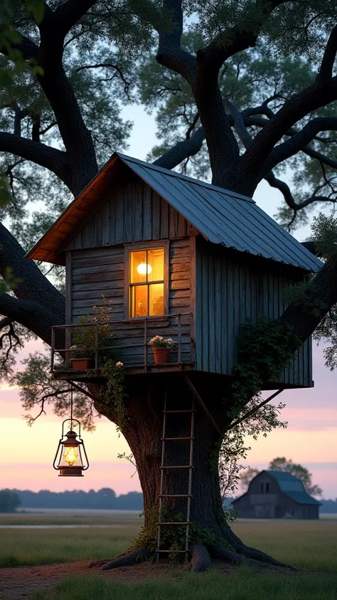 A rustic, timeworn treehouse nestles high in the thick branches of a sprawling live oak, its wooden planks aged to a silvery gray, edges softened by years of Texas weather. The treehouse structure is simple yet charming, with a steeply sloped, tin roof tha...