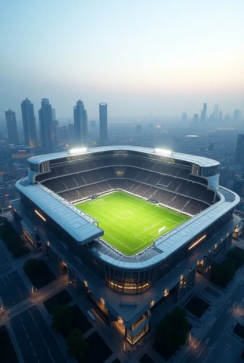 Square soccer stadium with two floors behind the goals.
