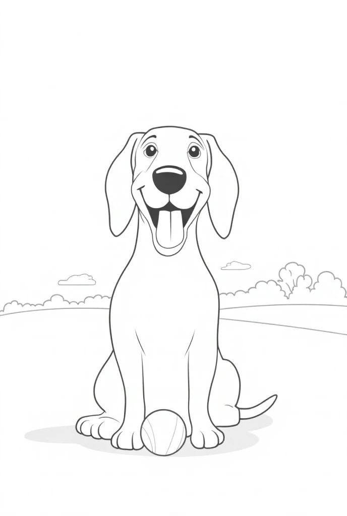 A high-resolution, vectorized line drawing for a rens coloring book. The image features a beagle dog sitting happily with its tongue out, facing the viewer. In front of the beagle, there’s a tennis ball. The background includes a grassy field with simple o...