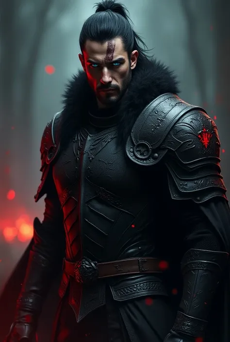 1 man with black hair,blue eyes,scar on face resembling werewolf claw,wearing black armor with red arcane symbols,dark fantasy style,detailed face,highly detailed,cinematic lighting,dramatic atmosphere,moody,gritty,intricate armor details,mysterious,powerf...