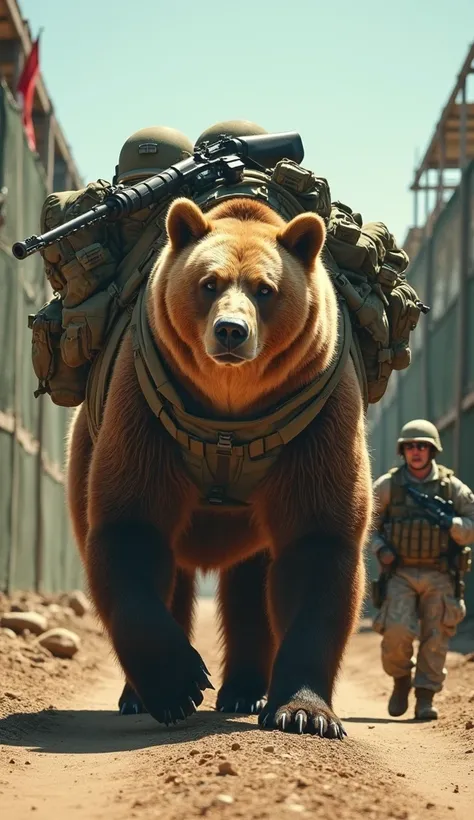 In this remarkable scene set within an American military base, we find the colossal 5-meter tall brown bear confidently striding towards the camera, effortlessly carrying an assortment of military equipment slung over its massive shoulders. The low-angle s...