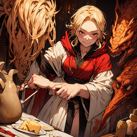 [female] [blonde hair, red eyes, small breast] [open robe, panties, tight] [night time, upward camera angle] [detail eyes, detail face, detail hand] [alone, face hidden by hood of the robe, wicked grin, holding a piece of cheese, ritual setting]