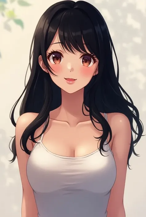 1girl, Breasts, Black Hair, High Resolution, Large breasts, Smile, Simple background, Anime, Anime Style, 