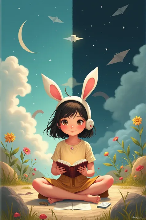 Create an imge of girl with a pen in her hand with bunny type cap on her head sitting with a book and a background should be half that shows dreams and the half should be littelbit fearful