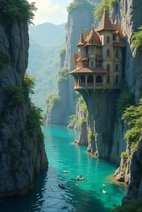 A School for Magical Students hidden on the side of a cliff, only accessible route is the lake below, with kind, beautiful mermaids swimming inside as well as other small harmless fish. 