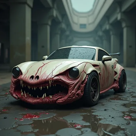  make a sports car with human skin being pulled by the body and with a half-deformed face with skin being pulled by the hood style one "cars" very scary


