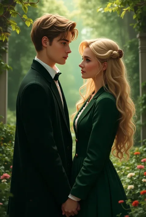  realistic image , Theodore Nott, white skin, light brown,  green-eyed e Alyssa Fane, white skin,  blond hair, long and wavy,  green-eyed. s, They are ren, Are they together in the Hogwarts garden.  He Slytherin and she Ravenclaw .