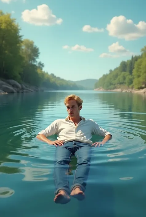  blond man, in a river, floating,  jeans and white blouse 