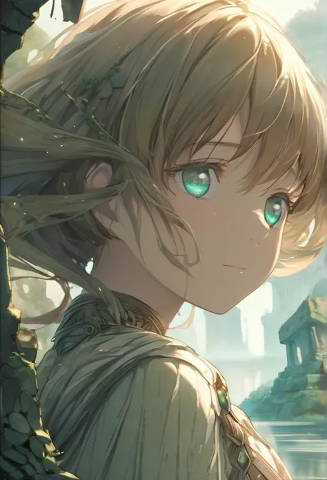 Upper body close-up（((masterpiece), on)""An illustration focusing on the heroines expression within the atmosphere of Castle in the Sky (Laputa). Her large, clear eyes gaze into the distance, with a dreamy and slightly melancholic look. A faint smile hints...