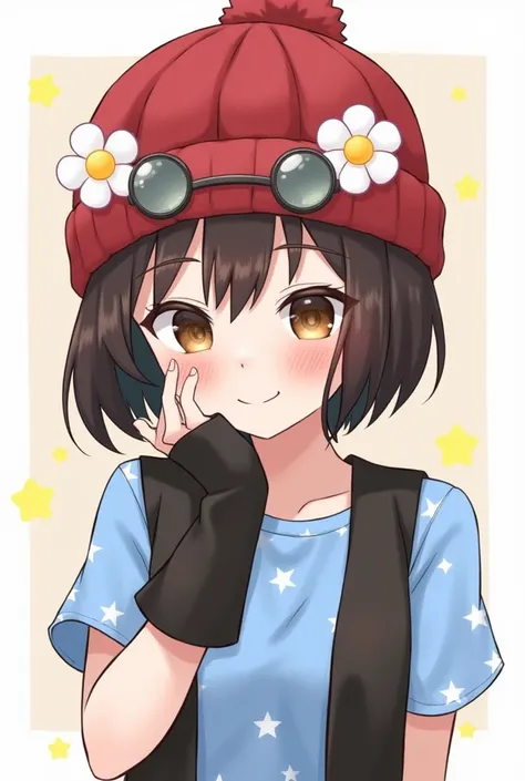      Female cute style character " light brown eyes" short dark brown hair "  bangs on the face  "red beanie hat " Cute would be  "  blue shirt with white stars  "black half open vest  "  hand warmers color black  " Face Asia Down " lenses over the hat  " ...