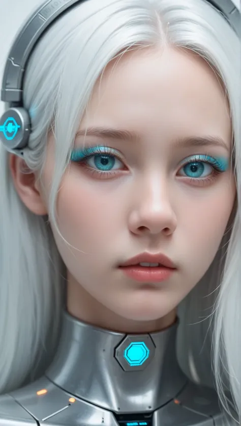 Surrealism, angel, mechanical angel, long white hair, front, futuristic, close-up, transparent skin, clean and flawless skin, oc rendering, ceramic doll, porcelain feel, mint color, mint color contact lenses, head Wearing a mechanical angel halo, glowing f...