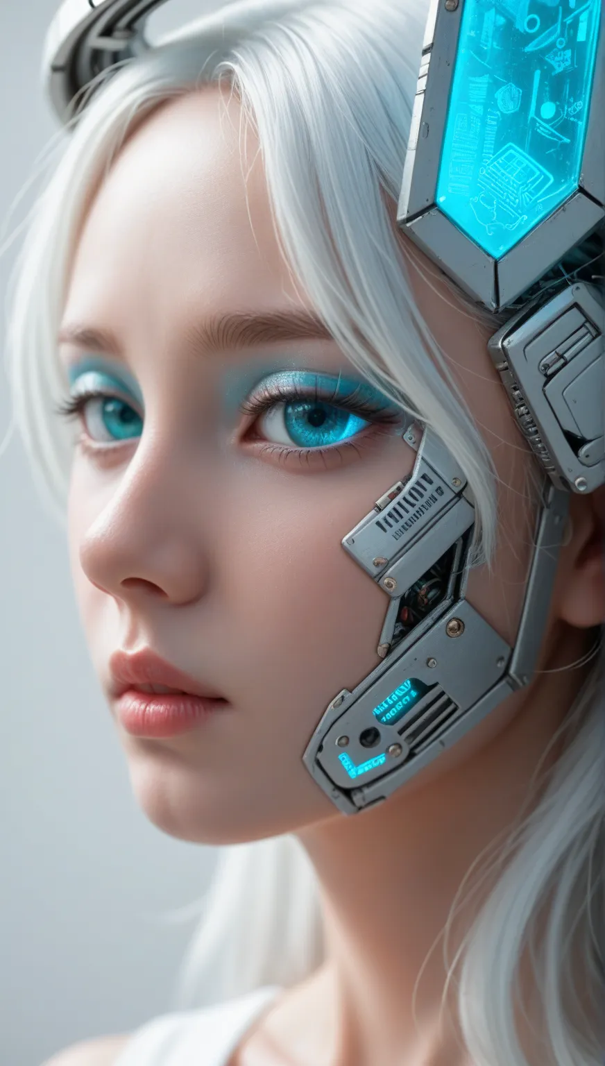 surrealism, angel, mechanical angel, long white hair, front, futuristic, close-up, transparent skin, clean and flawless skin, oc...