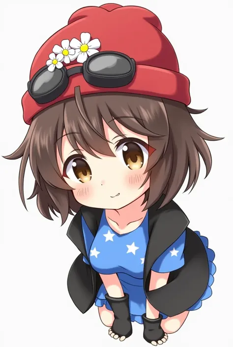     Female cute-style character "  breasts a little big   "light brown eyes" short dark brown hair "  bangs on the face  "red beanie hat " Cute would be  "  blue shirt with white stars  "black half open vest  "  hand warmers color black  " Face Asia Down "...