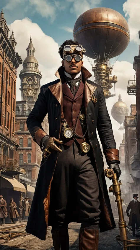 A breathtaking steampunk cityscape with towering buildings adorned with gears and steam pipes, airships floating in the sky, and a bustling street filled with people wearing Victorian-era attire with steampunk accessories. Include a central character weari...