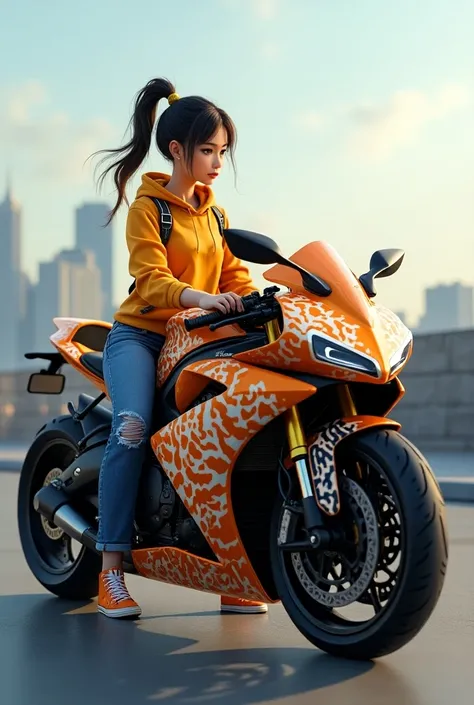 Display a high resolution full HD, a tiger shape sport motorcycle prange white pattern, screened a realistic woman with ponytail hairstyle wearing yellow hoodie, ripped jeans, rubber shoes, sitting on the sports motorcycle orange white under the motor, bac...