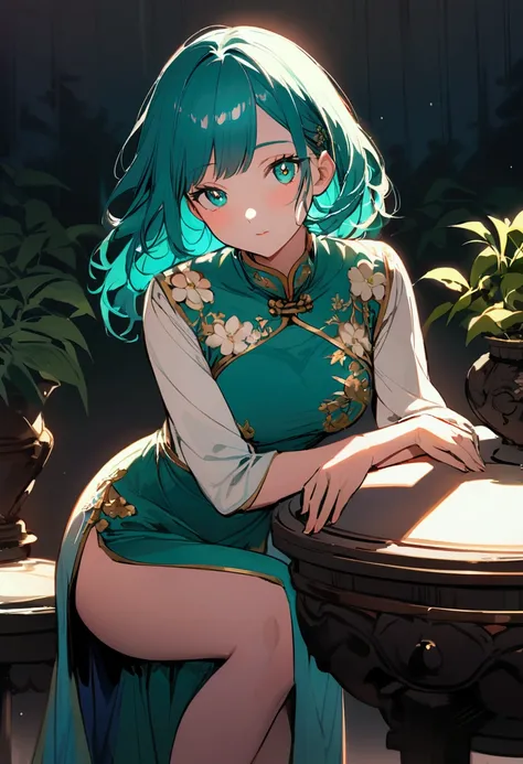 A young woman with vibrant teal hair and large, expressive eyes, wearing a stylish, light-blue cheongsam.  The dress features intricate floral embroidery and gold trim, with a high slit that accentuates her long legs. She sits gracefully on a light-colored...