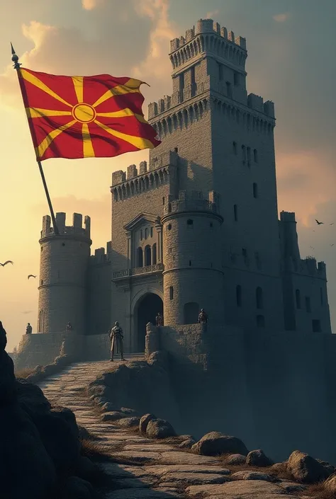 A giant and dark ancient castle with strong warriors on the sides and the Macedonian flag in the background