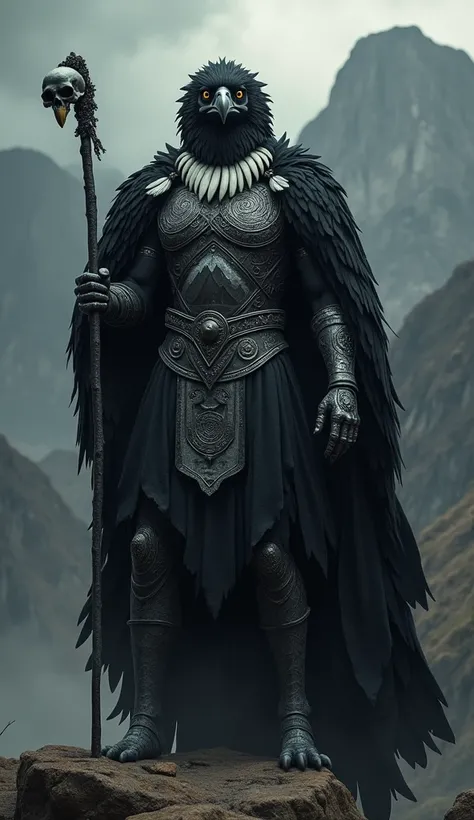  Imagine Hades as an anthropomorphic hybrid figure with one condor ,  the sacred bird of the Andes ,  symbol of Chile and Peru .  It has the head of a condor ,  with a penetrating gaze and black plumage with silver metallic reflections .  The neck shows th...