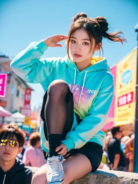 (Best Quality:1.2,  very detailed, Latest,  lively,    high contrast, masterpiece:1.2, Best Quality, Best aesthetics),   girl, ((  Frontal Knee-Up Shot  :1.4)),   colorful hair,Short bob ponytail with braids   ,   pastel colors, Best Quality, 　masterpiece　...