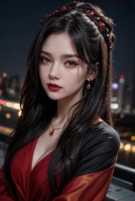 The image is a portrait of a young woman with dark hair and red lipstick. She is wearing a black and red outfit with a large dragon-like design on her head. The outfit is made up of a black bodysuit with red accents and a red cape draped over her shoulders...