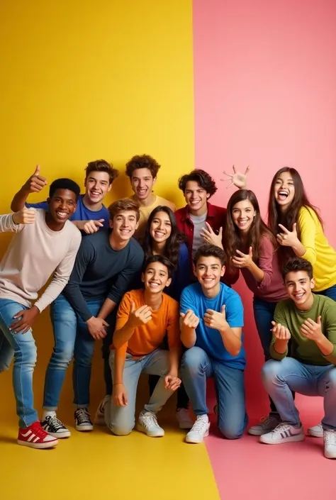 : "A vibrant and fun WhatsApp group profile picture for a progressive class of 7 boys and 2 girls, all in their teenage years. They are depicted in a lighthearted and energetic pose, showing a close-knit and friendly bond. The boys and girls have cheerful ...