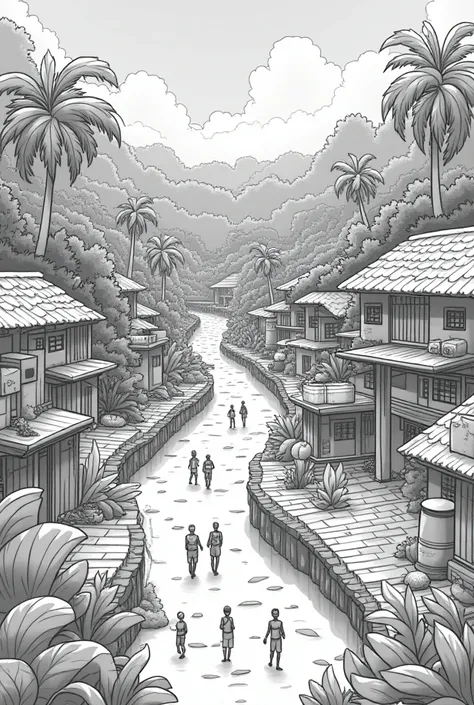  A community in a jungle with platform system and irrigation system , give a simple form of black and white colors 