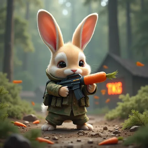 Put the name tkg logo on 、 command equipment and a cute human-like rabbit wearing camouflage clothing will generate 、 fighting while eating carrots in a realistic format。 Put the name tkg logo in the background 。
