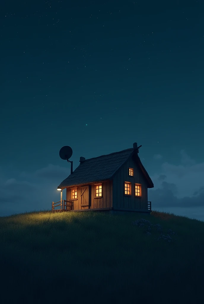  A small hut with small windows that glow yellow, with a satellite bowl on the roof , On a grass hill at night 
