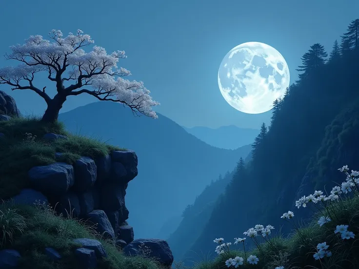  beautiful scenery ，산 정상 숲 가장자리 풍경 사진 전문 High quality 자연 디지털 사진，wide field of view，Bushes under moonlight，White phalaenopsis orchids on the edge of a cliff in the moonlight 1，Clear and transparent water，Huge rocks standing tall，sublime，Yamakawa， dead tree，...