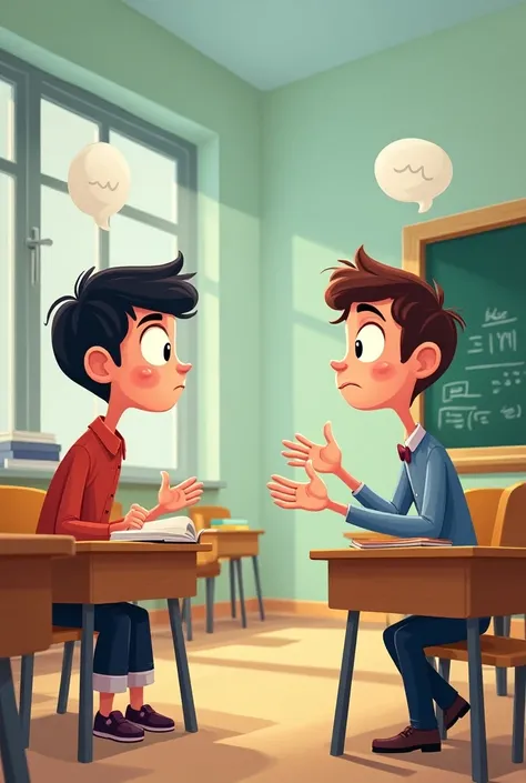 Someone listening to another person talking in a classroom, cartoon