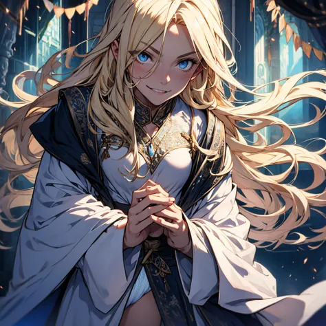 [female] [blonde long hair, blue eyes, small breast] [open robe, panties, tight] [night time, upward camera angle] [detail eyes, detail face, detail hand] [alone, face hidden by hood of the robe, wicked grin, ritual setting]