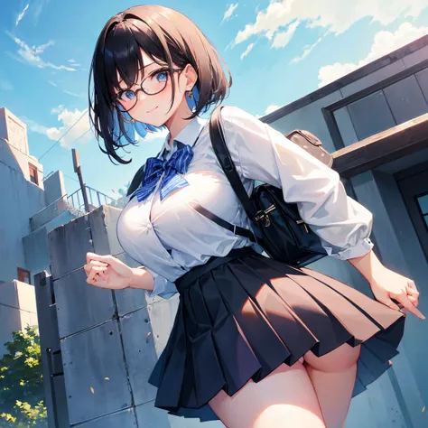 High image quality、 HYPER DETAIL 、female 1 person、High school girl、Big Breasts（1.4）, big butts(1.4)、Black Hair、short bob、Innocent smile 、 school uniform、Summer clothes、 school bag、Glasses、 My skirt rotates and floats up。 I can see my panties slightly 、Blue...