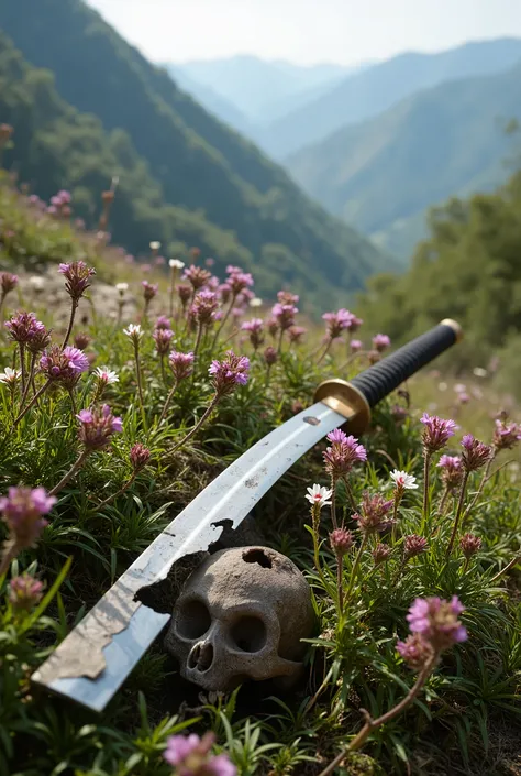  A beautiful Japanese katana with a torn and broken blade lies among the flowers of a beautiful spring meadow,  and next to them is the skeleton of a samurai ,  the remains of a war that took place long ago . focus on the katana .The country is broken ,  t...