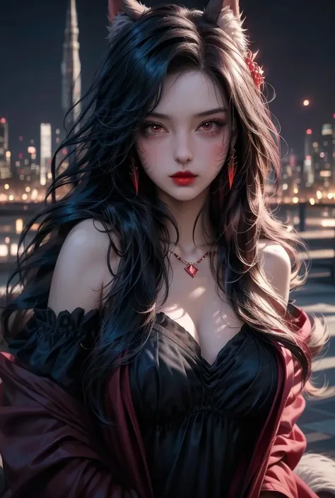 The image is a portrait of a young woman with dark hair and red lipstick. She is wearing a black and red outfit with a large dragon-like design on her head. The outfit is made up of a black bodysuit with red accents and a red cape draped over her shoulders...