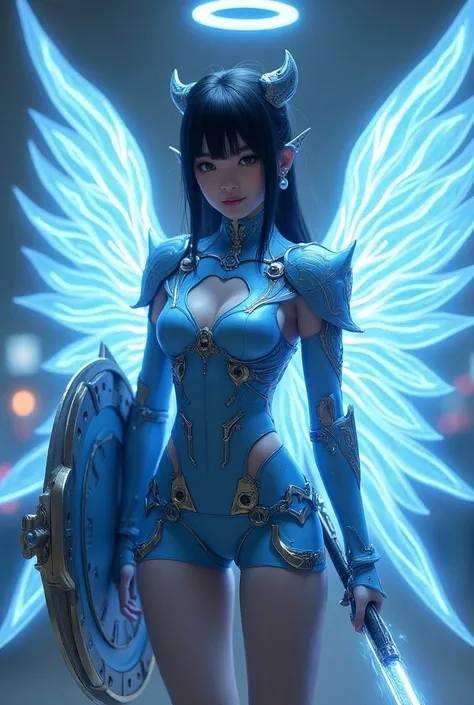 Beautiful teen japanese girl with technological blue iron armor from the future, miniskirt. Large Glowing Angel wings, shield of the future, Lightning sword. With a halo on the head