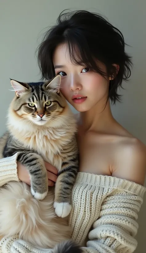 (Best quality, 8k, 32k, Masterpiece, UHD: 1.2), Full body photo of beautiful Japanese woman, big breasts, very short short hair, upper body, (large sweater,: 1.1) necklace, simple background , looking around, holding a huge cat, very giant cat