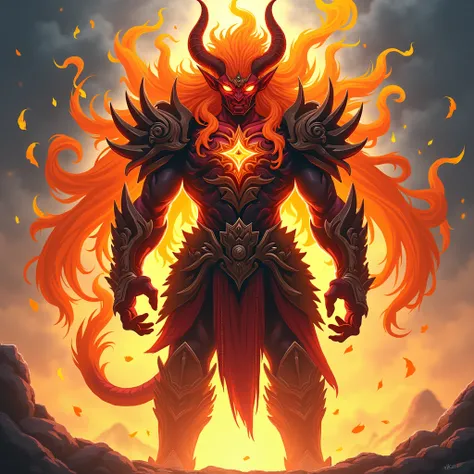 Age: Eternal

Height: 70"

Hair color aur style: Flame-like,

Orange-Red

Eye color: Blazing Yellow

Clothes aur accessories: Flame-covered

armor Personality traits: Passionate, Aggressive, Unpredictable

Anime demon , no realistic, full body, front view,...