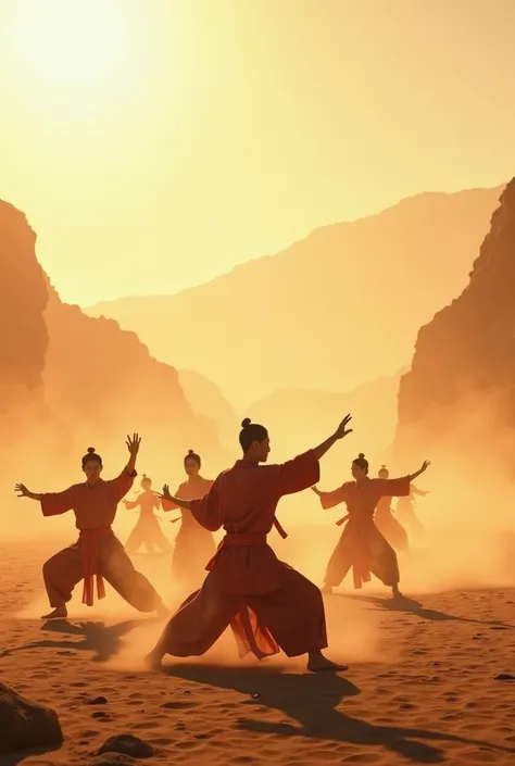 On a vast desert plateau，Chinese people are boiling with enthusiasm ， showing martial arts techniques