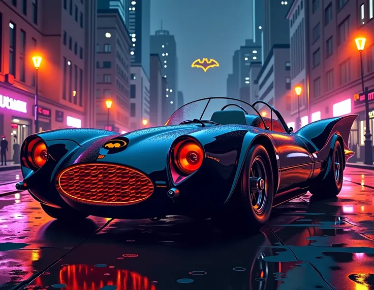 A captivating retro-futurist illustration of the iconic Batmobile, intricately fusing the classic 50s American car design with futuristic elements. The sleek vehicle displays elegant curved lines, a bold two-tone color scheme, and a striking front grid ins...