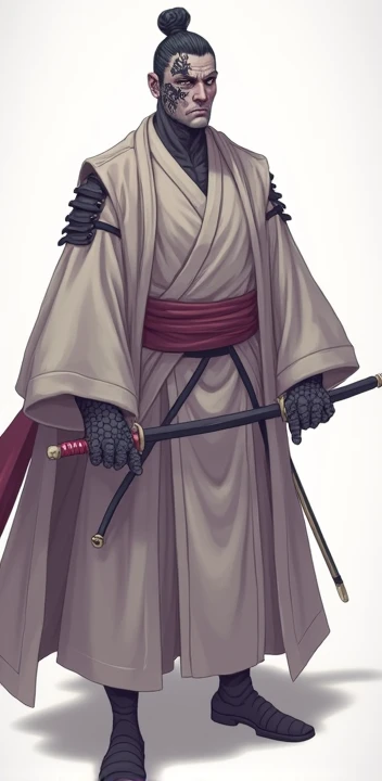  Create a drawing of a 25-year-old samurai , man, with old and worn kimono ,  the samurai has a katana and in some parts of his face he has black dragon scales and dragon eyes and in his hands he also has black dragon scales. 