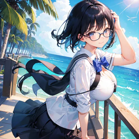 High image quality、 HYPER DETAIL 、female 1 person、High school girl、 Very Big Breasts, very big butt 、Black Hair、short bob、Innocent smile 、 school uniform、Summer clothes、Glasses、 and her skirt floats up in the wind。 I can see my panties、Blue panties、 Lookin...