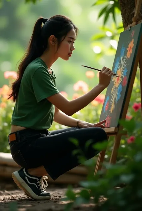 realistic, cinematic, Close-up, a beautiful Indonesian woman is painting under a tree, with flowers and trees in the background. He was wearing a green t-shirt and black jeans, and sport shoes. She had long black hair that was tied up