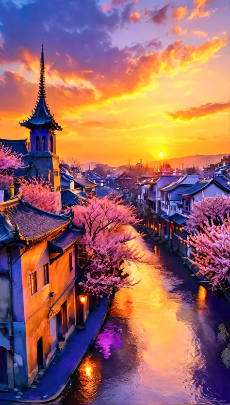  Sunset Dyed Sky 、 A beautiful gradation of orange and purple spreads。 old townscapes illuminated by soft light 、 buildings and roads drawn down to the smallest detail 。 fantastic colors reflected on the surface of the water 、 cherry blossom petals swaying...