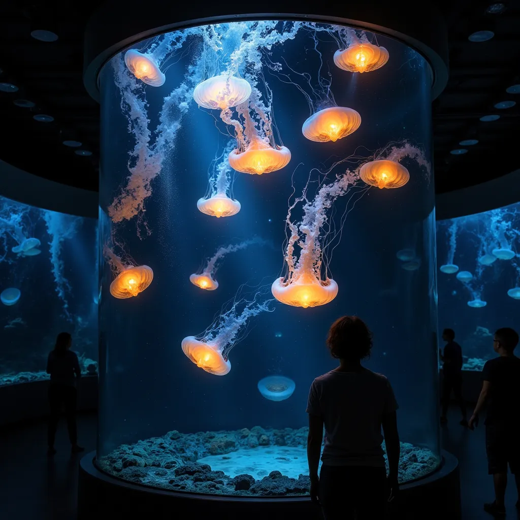 jellyfish aquarium, bioluminescent jellyfish, lantern jellyfish, dark exhibition space, swaying water tank, people observing jel...